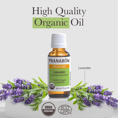 Pranarom Lavender Oil packaging front showing organic certification and farm-to-bottle origin.