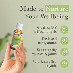 Pranarom peppermint oil label close-up showing purity and organic sourcing.