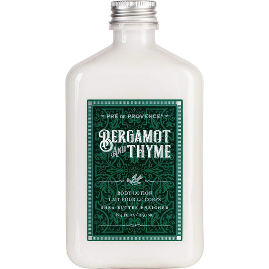Pre de Provence Bergamot and Thyme body lotion bottle provides lightweight hydration.