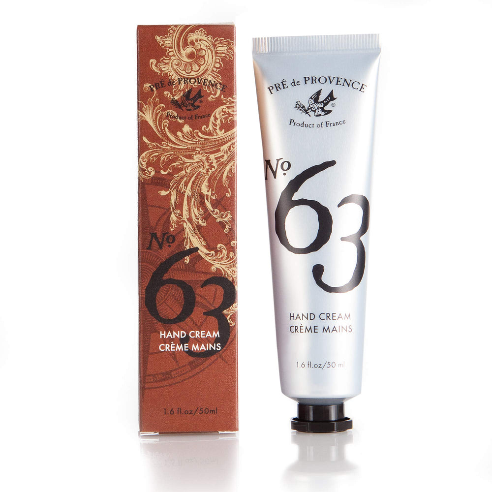 Pre de Provence No.63 hand cream bottle close-up, nourishes and protects dry hands.