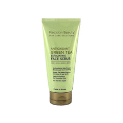 Precision Beauty Green Tea Exfoliating Scrub packaging for easy dispensing and fresh formula.