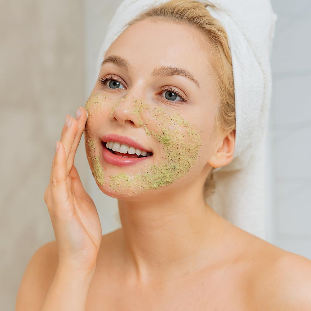 Precision Beauty Green Tea Exfoliating Scrub texture close-up with gentle beads for radiant skin.