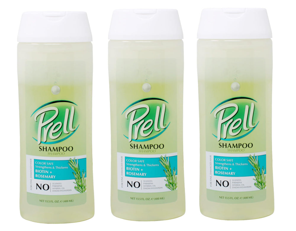 Prell Biotin + Rosemary shampoo bottle close-up suggests color-safe daily use