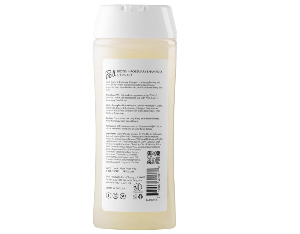Prell Biotin + Rosemary shampoo label emphasizes sulfate-free, paraben-free formula for daily use