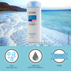 Premier Dead Sea anti hair loss shampoo foam demonstrates rich lather for gentle cleansing.
