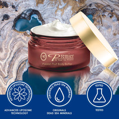 Premier Dead Sea Aromatic Body Butter application shows quick, silky skin feel.