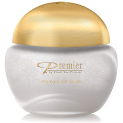 Premier Dead Sea Aromatic Salt Scrub bottle front showing exfoliating minerals for spa-like results.