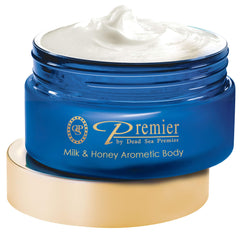Premier Dead Sea Body Butter Milk Honey jar showcases rich cream for deep hydration