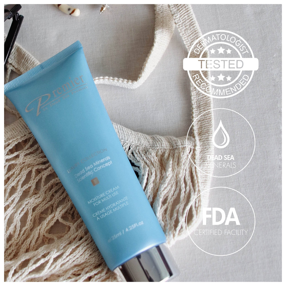 Premier Dead Sea Moisture Cream packaging close-up emphasizes premium skincare