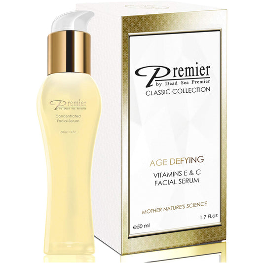 Premier Dead Sea Vitamin C Serum bottle highlighting a lightweight formula for daily glow