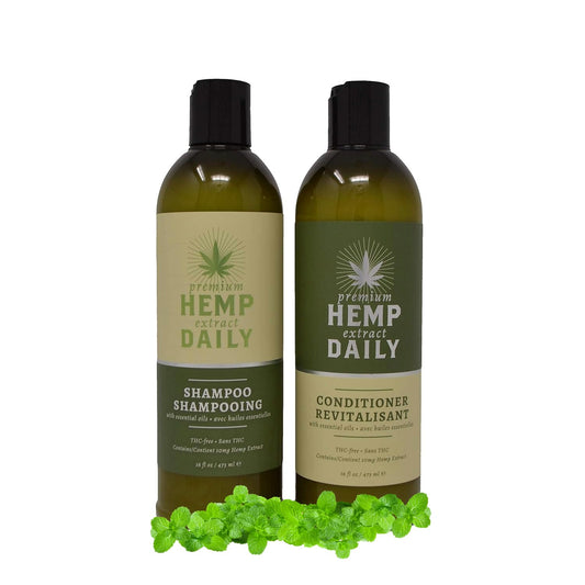 Premium Hemp Extract Daily Shampoo bottle on bathroom shelf for daily care