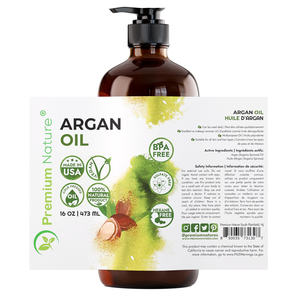 Premium Nature Argan Oil bottle pouring, showcasing light, fast-absorbing texture