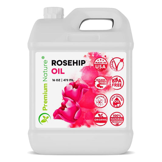 Premium Nature Rosehip Oil bottle pours for easy skin and body use