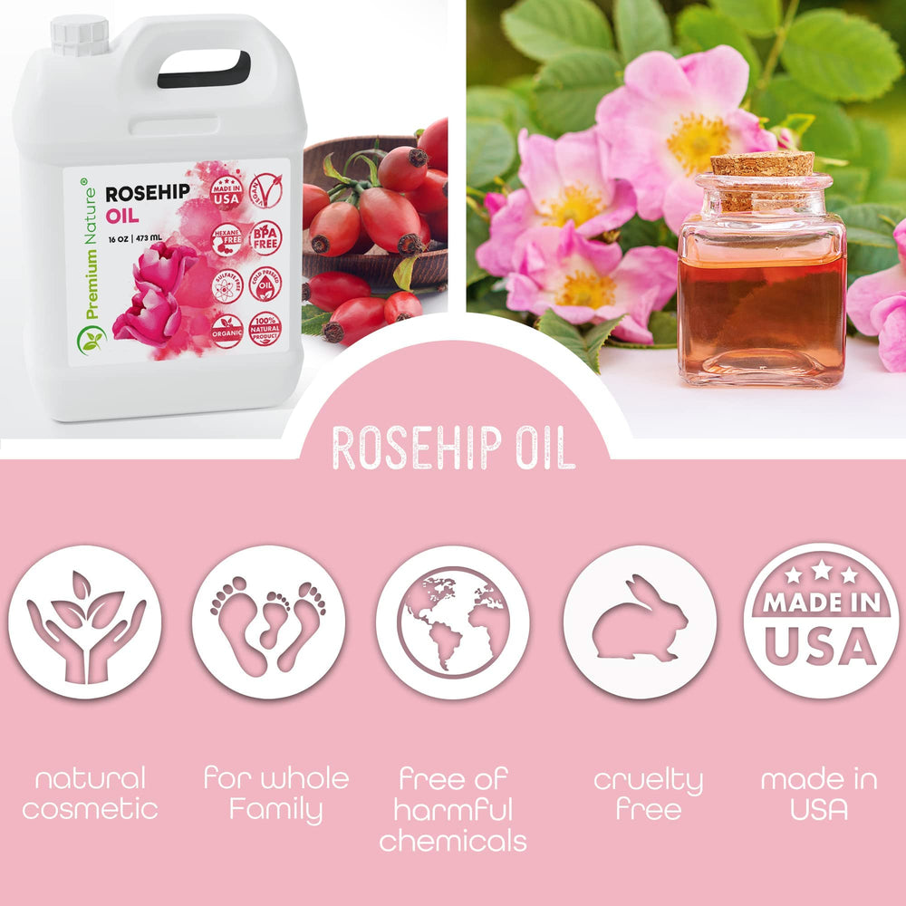Premium Nature Rosehip Oil bottle side view showing organic oil for versatile care