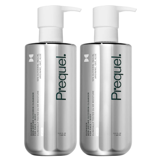 Prequel Gleanser bottle front showing unscented, hydrating formula for sensitive and dry skin.