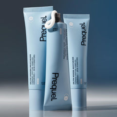 Prequel Skin AM/PM packaging close-up emphasizes fragrance-free, pH-balanced formula.