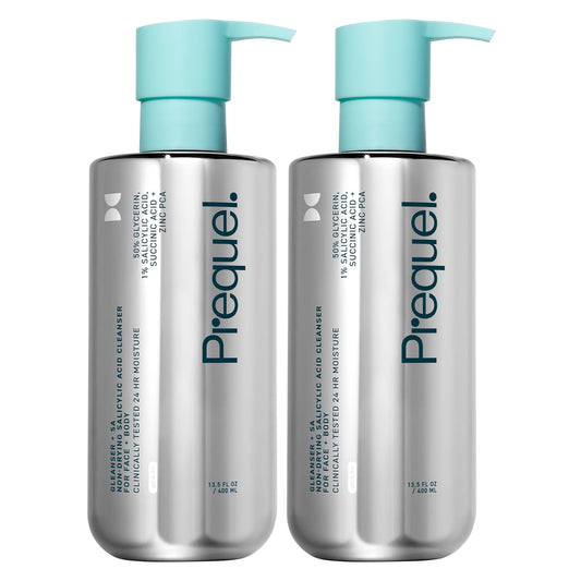 Prequel Skin Gleanser SA face pump close-up showing gentle cleansing and hydration.