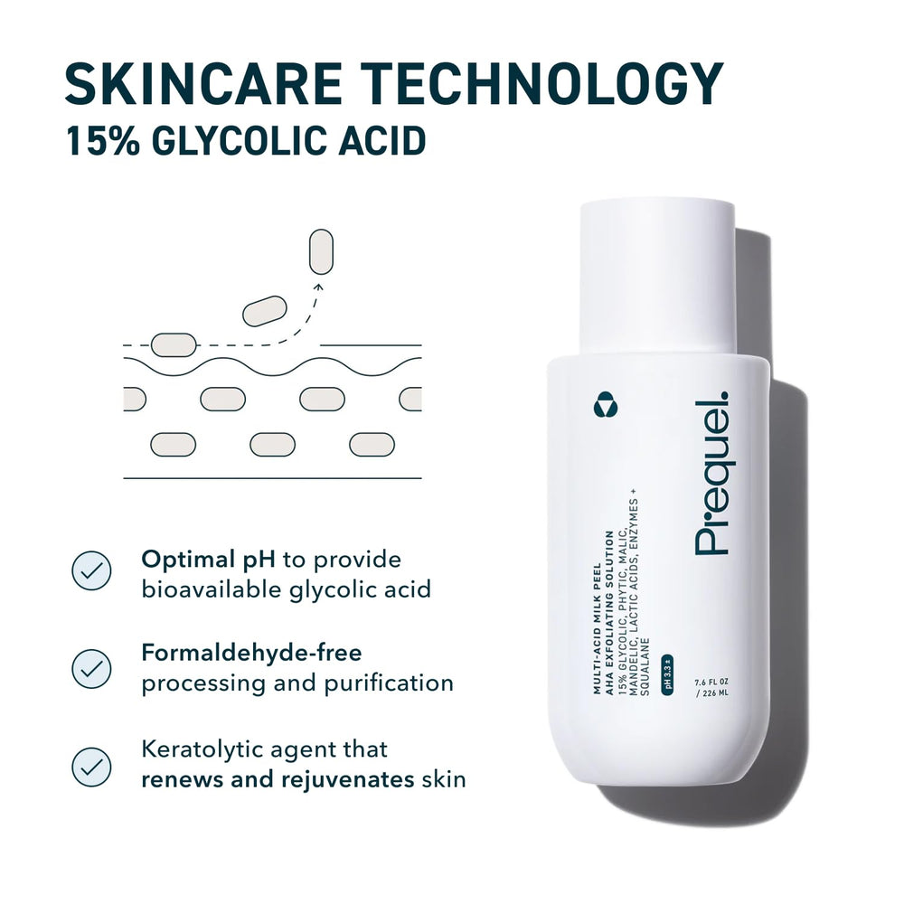 Prequel Skin Multi-Acid Milk Peel on face and neck, safe-use reminder.