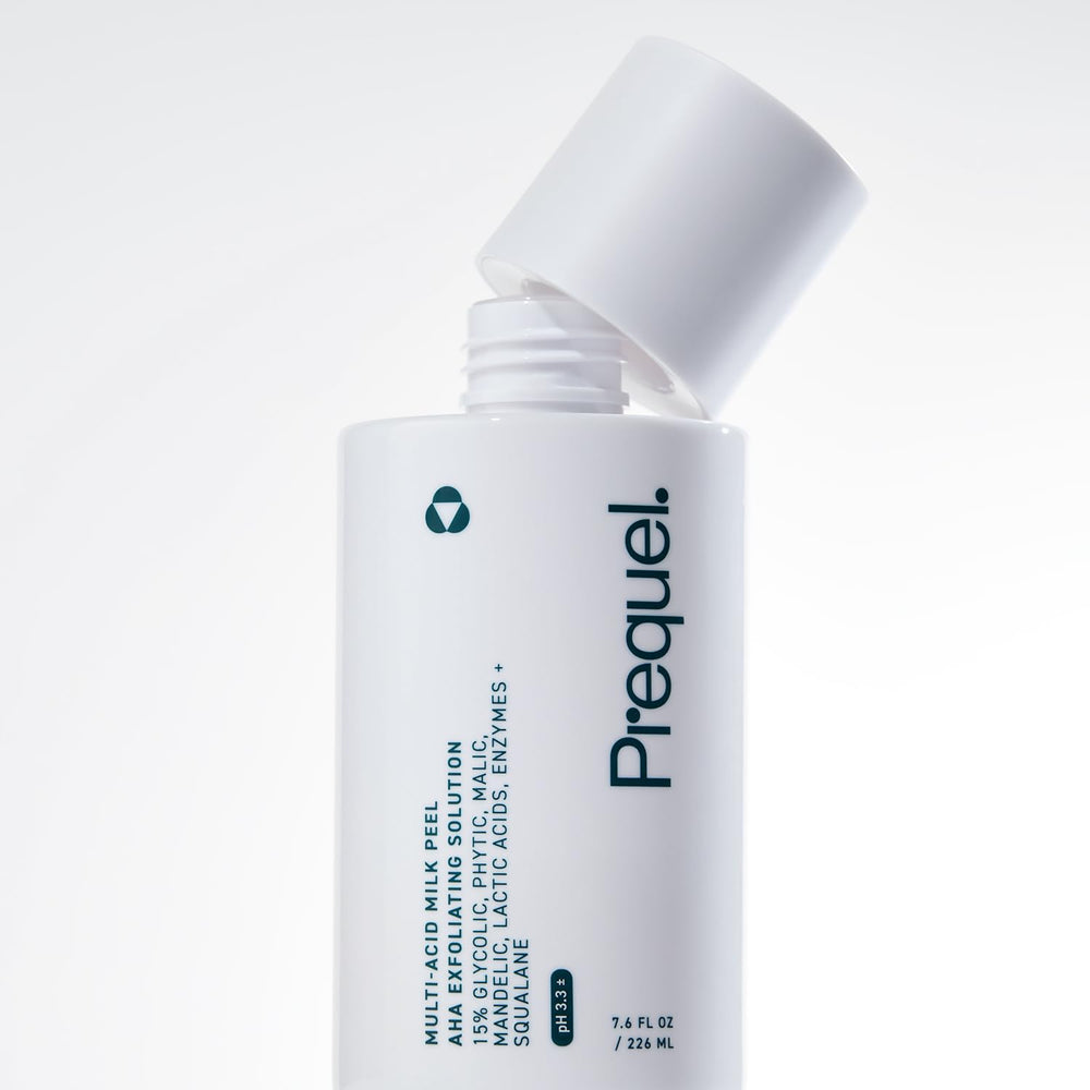 Skin-care routine with Prequel Peel followed by serum and moisturizer.