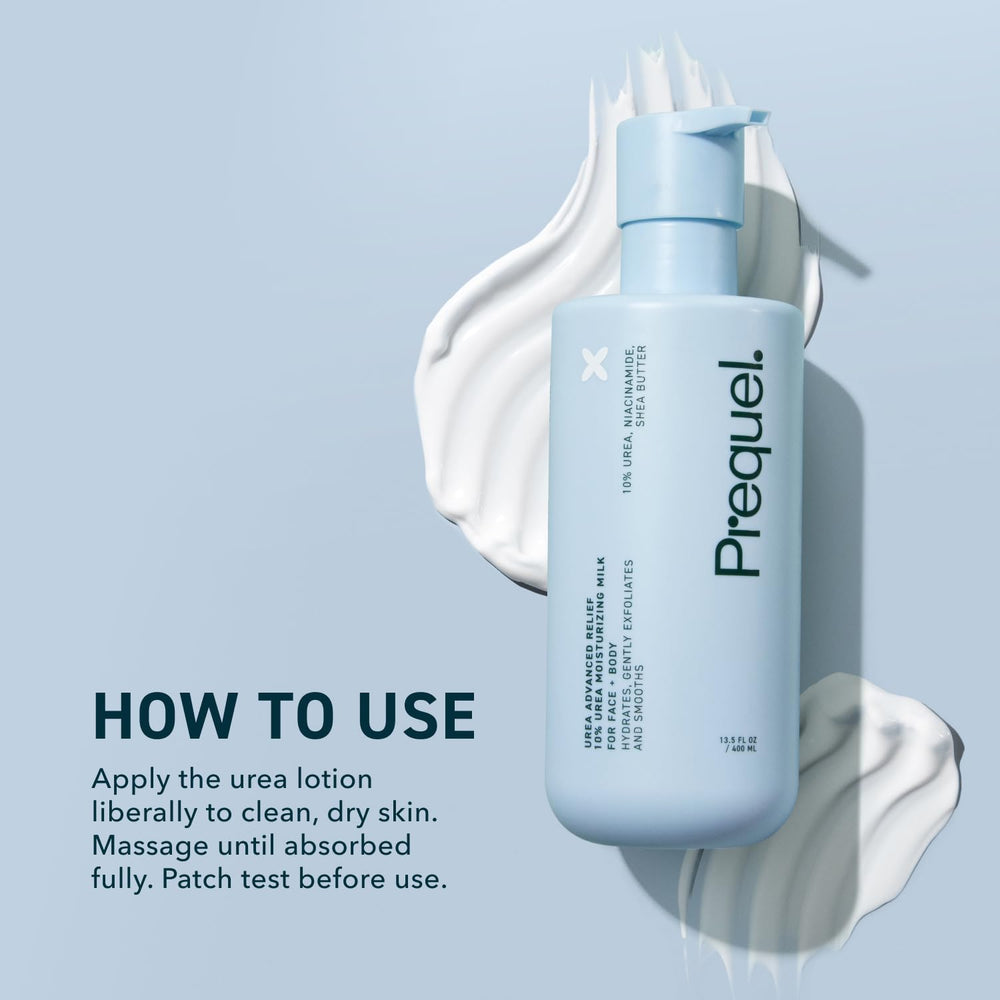 Prequel Skin Urea Advanced Relief Milk foot care usage for cracked heels with 10% urea.
