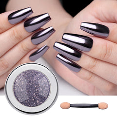 Pretty Diva chrome nail powder gunmetal finish on a swatch for a mirror look