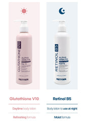 Ingredients panel of PRETTYSKIN Glutathione V10 highlighting vitamins and niacinamide.