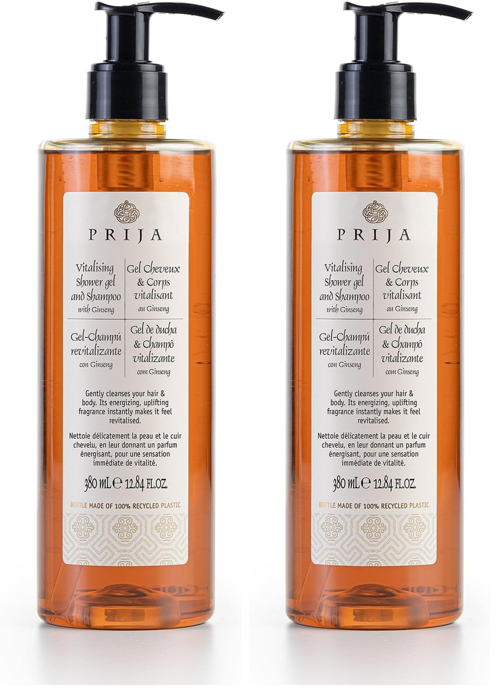 Prija Vitalizing gel shampoo bottle pouring for an energizing cleanse