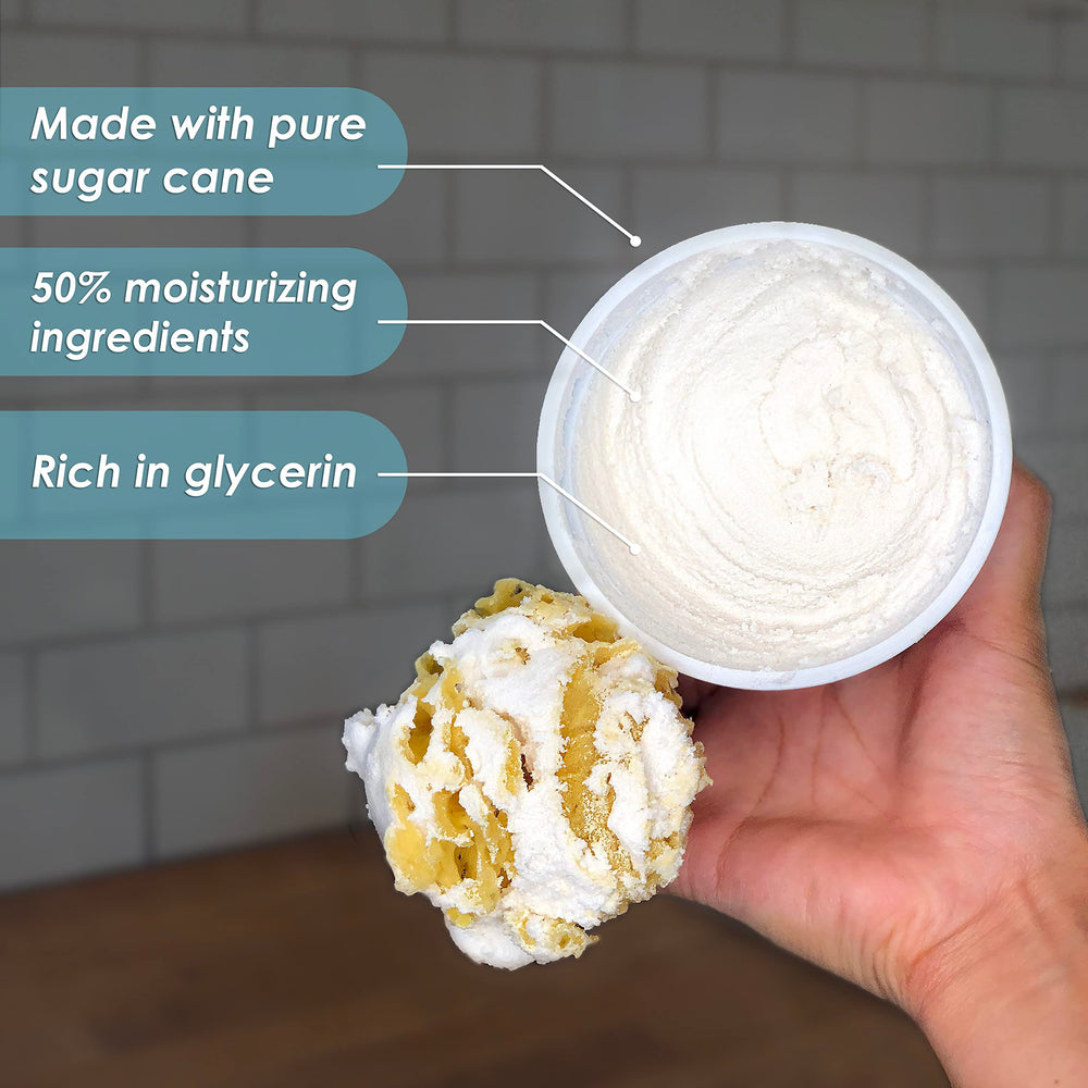 Sugar Whip in shower scene highlighting cleansing and moisturizing.