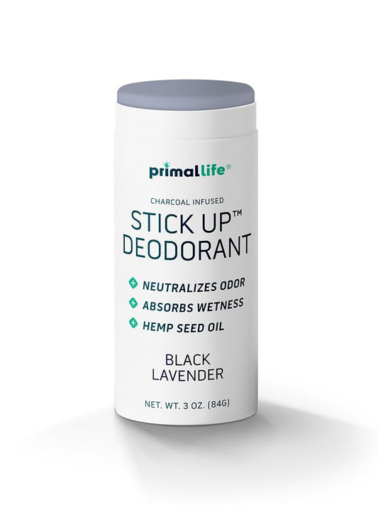 Primal Life Organics stick-up deodorant with bentonite clay absorbs moisture and neutralizes odors.