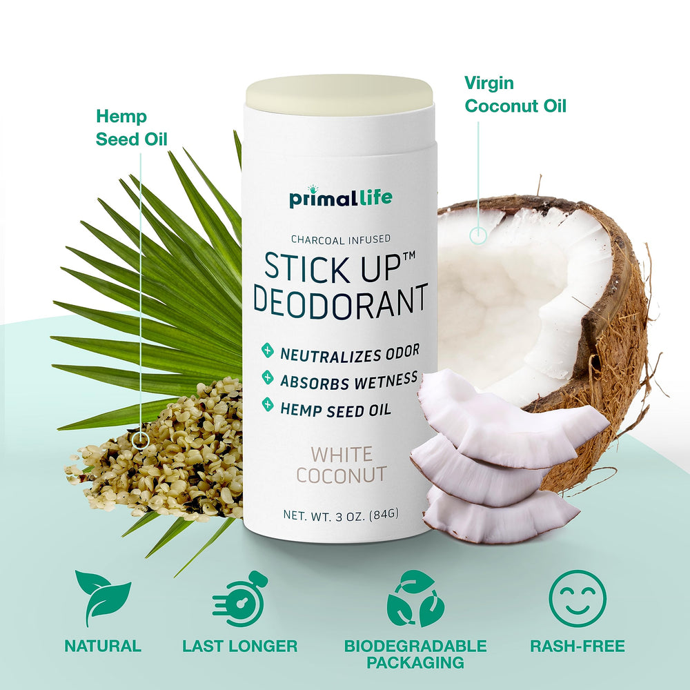 Primal Life Organics Stick Up deodorant White Coconut application for quick daily odor control.