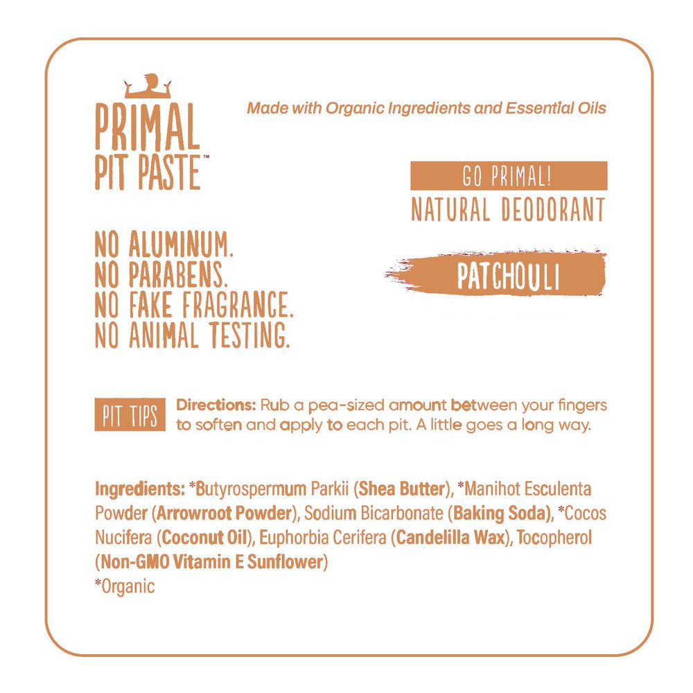 Primal Pit Paste Patchouli organic ingredients label close-up