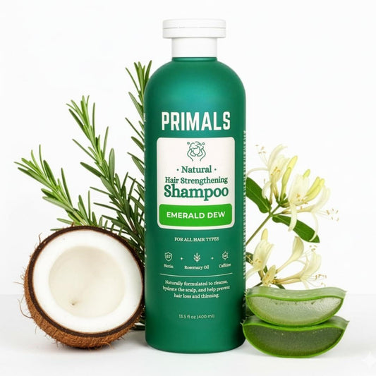 PRIMALS Hair Strengthening Shampoo bottle front promotes stronger-looking hair.