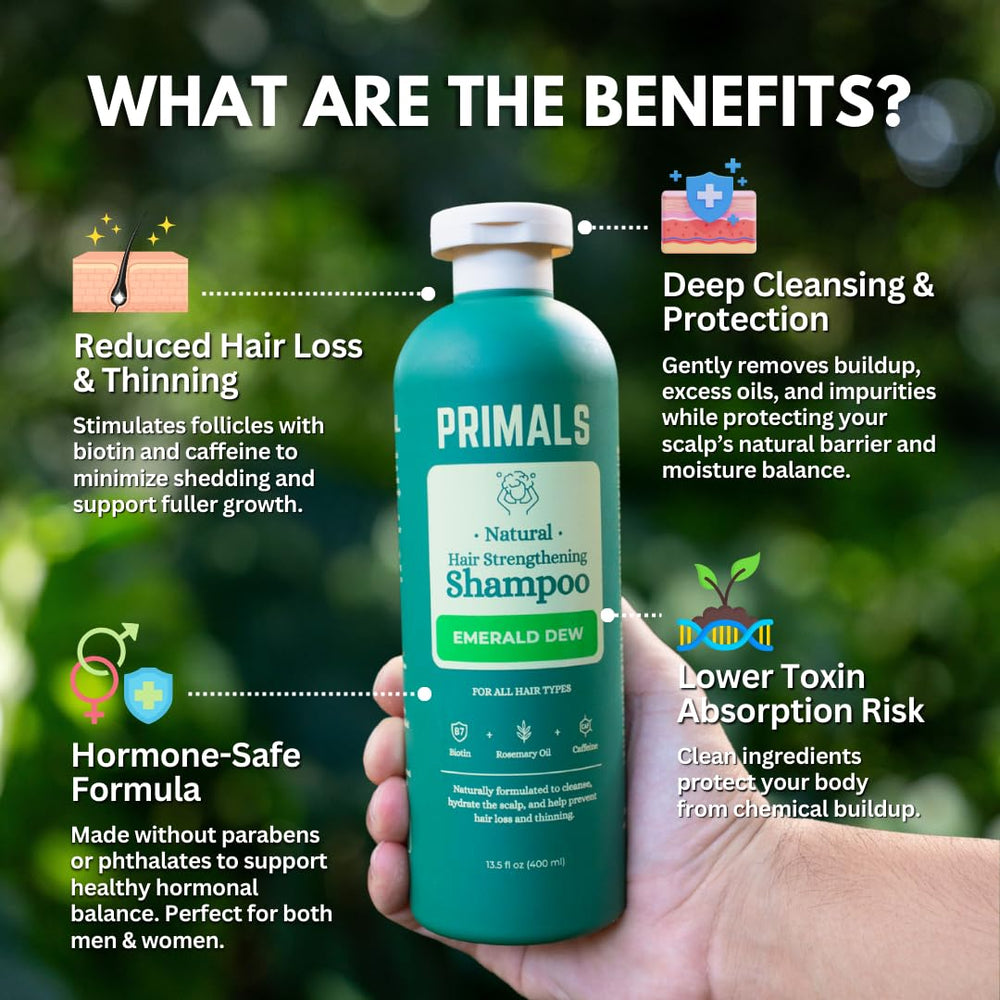 PRIMALS Hair Strengthening Shampoo pump view highlights easy daily use.