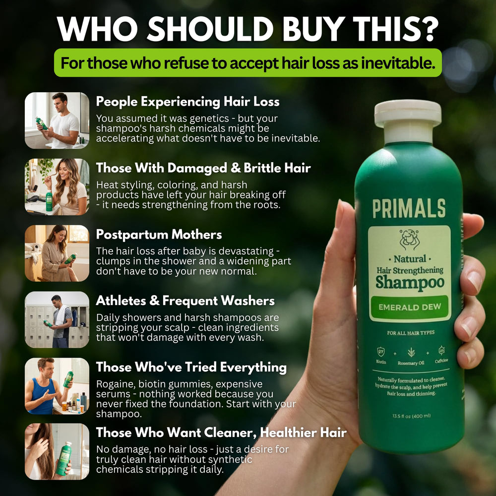 PRIMALS label highlights sulfate-free, paraben-free formula.