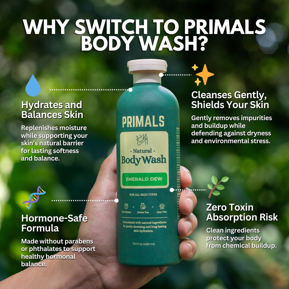 PRIMALS bottle closeup showing natural formula for sensitive skin
