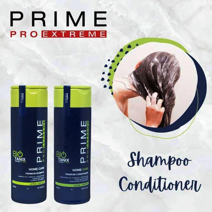 Prime Pro Extreme Bio Tanix Shampoo kit shown with conditioner and mask for complete care.