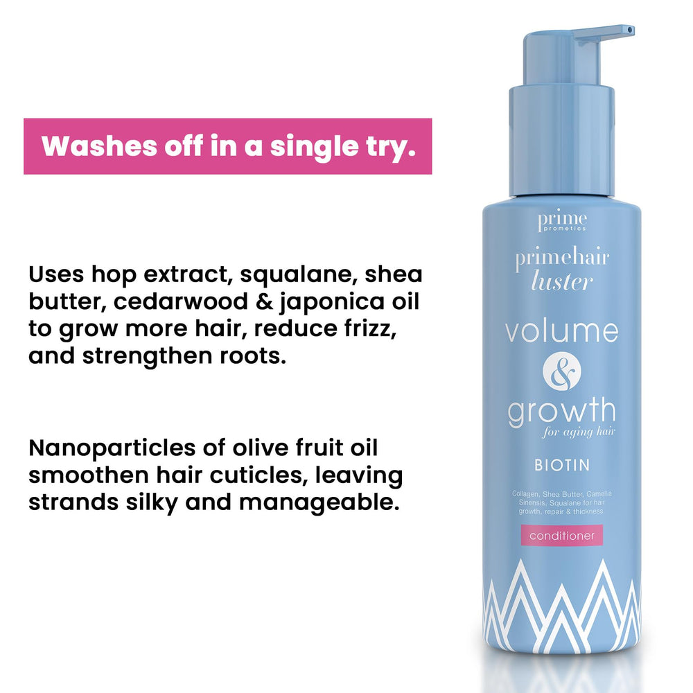 PrimePrometics PrimeHair Luster conditioner hair closeup showing silky, strengthened strands.