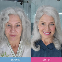 PrimePrometics PrimeHair Luster conditioner on silver hair for smoother texture.