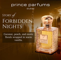 Prince Parfums Dubai Story of Gourmand Vanilla bottle pour, highlighting lasting gourmand aroma