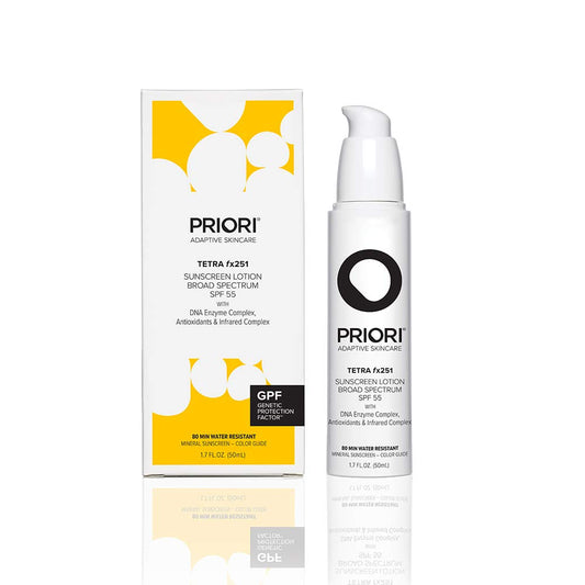 PRIORI Tetra Sunscreen Lotion SPF 55 bottle with reef-safe mineral protection