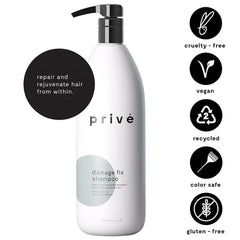 Prive Damage Fix Shampoo bathroom-scene promotes everyday use for both genders