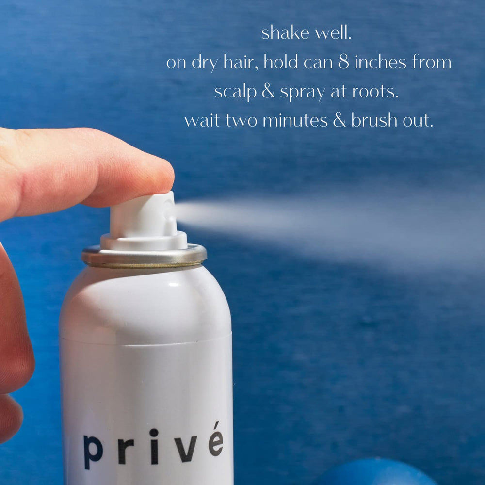 Privé Dry Shampoo Spray illustrating volume-boosting effects for fuller hair.