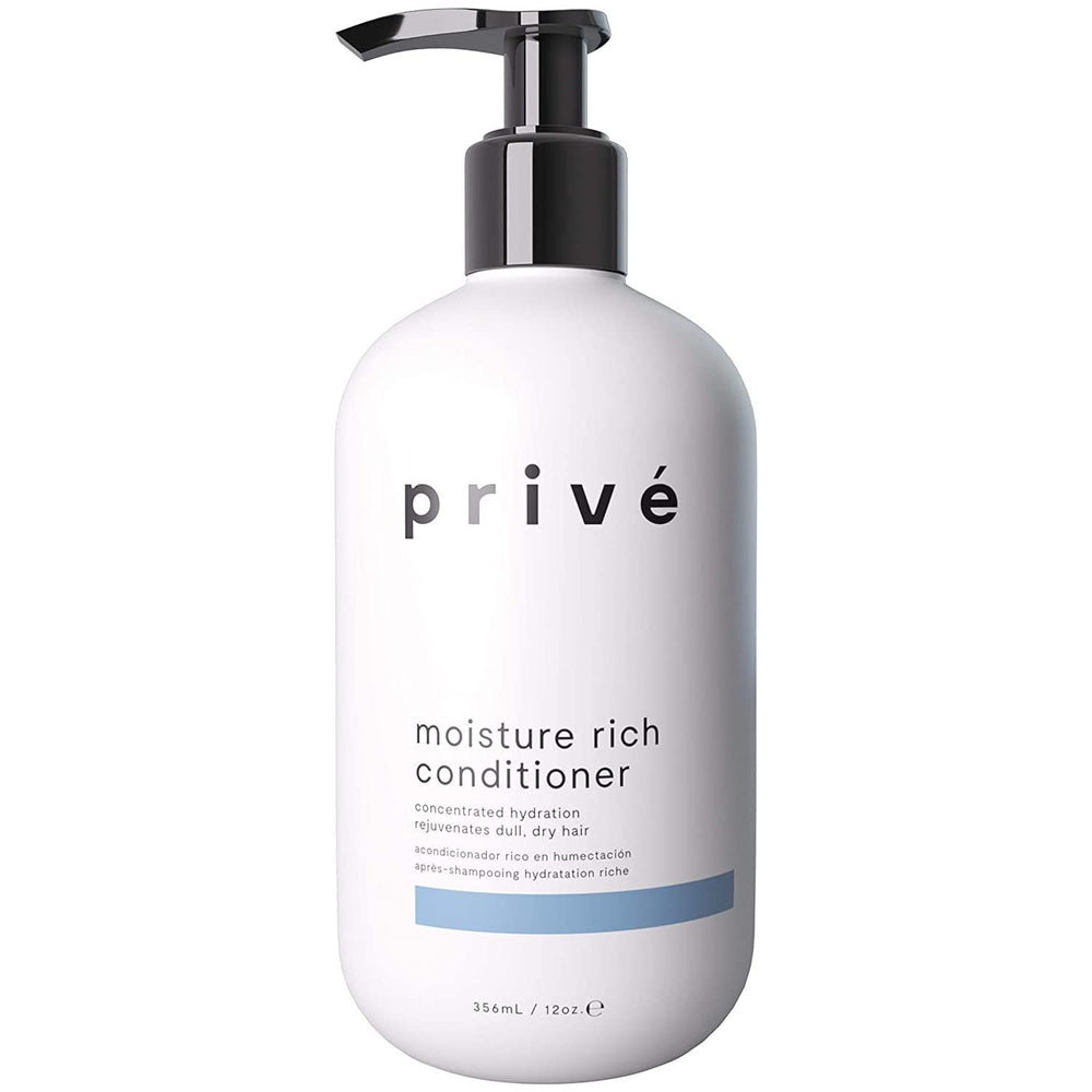 Prive Moisture Rich Conditioner bottle highlights nourishing formula for dry hair