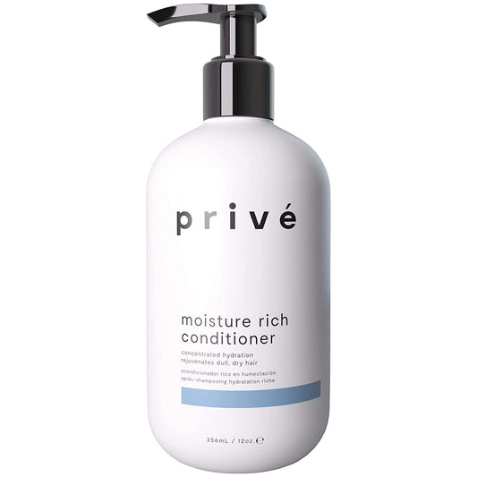 Prive Moisture Rich Conditioner bottle highlights nourishing formula for dry hair