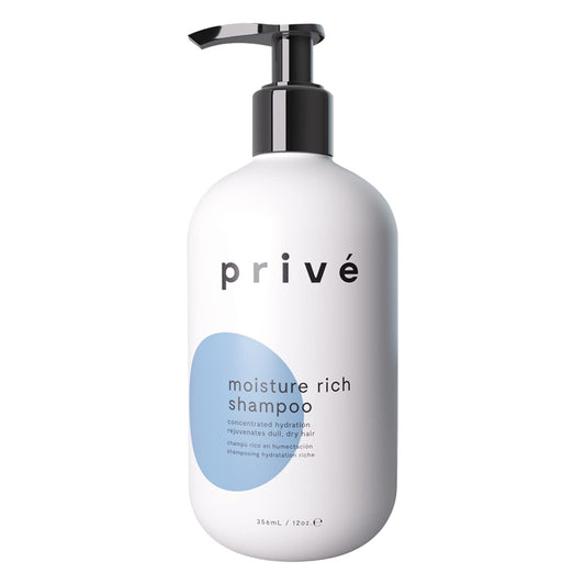Prive Moisture Rich Shampoo bottle front showcases premium hydration for all hair types