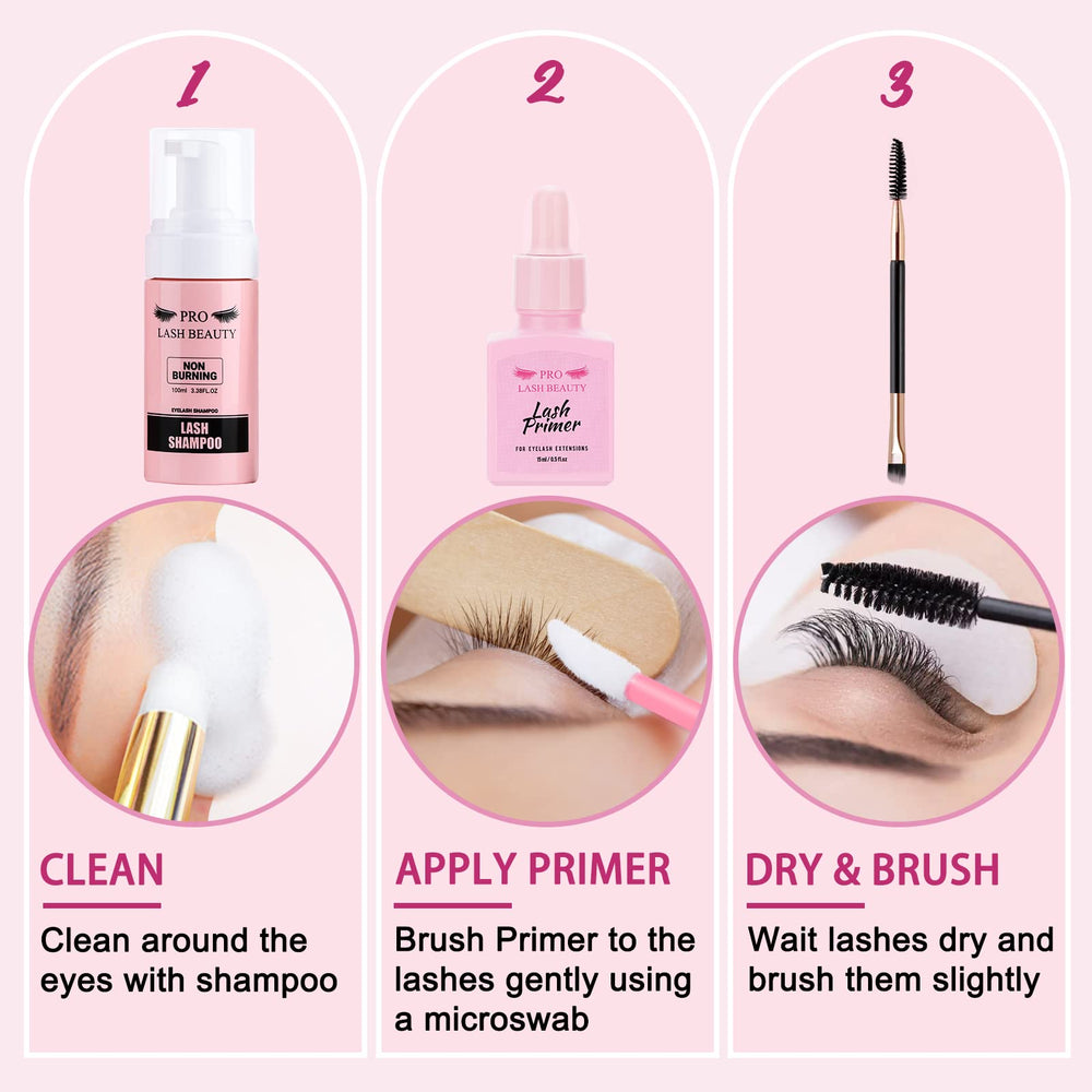 PRO LASHBEAUTY before-and-after lashes showing improved bond with primer.