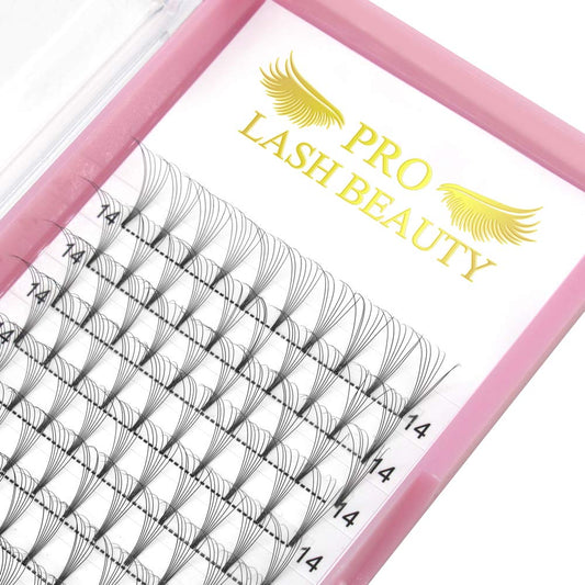 PRO LASHBEAUTY premade fans in 8D with short stems for natural volume.