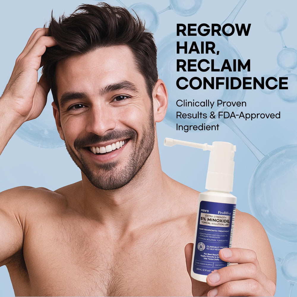 ProBliva Minoxidil spray mist application illustrating even coverage on thinning areas