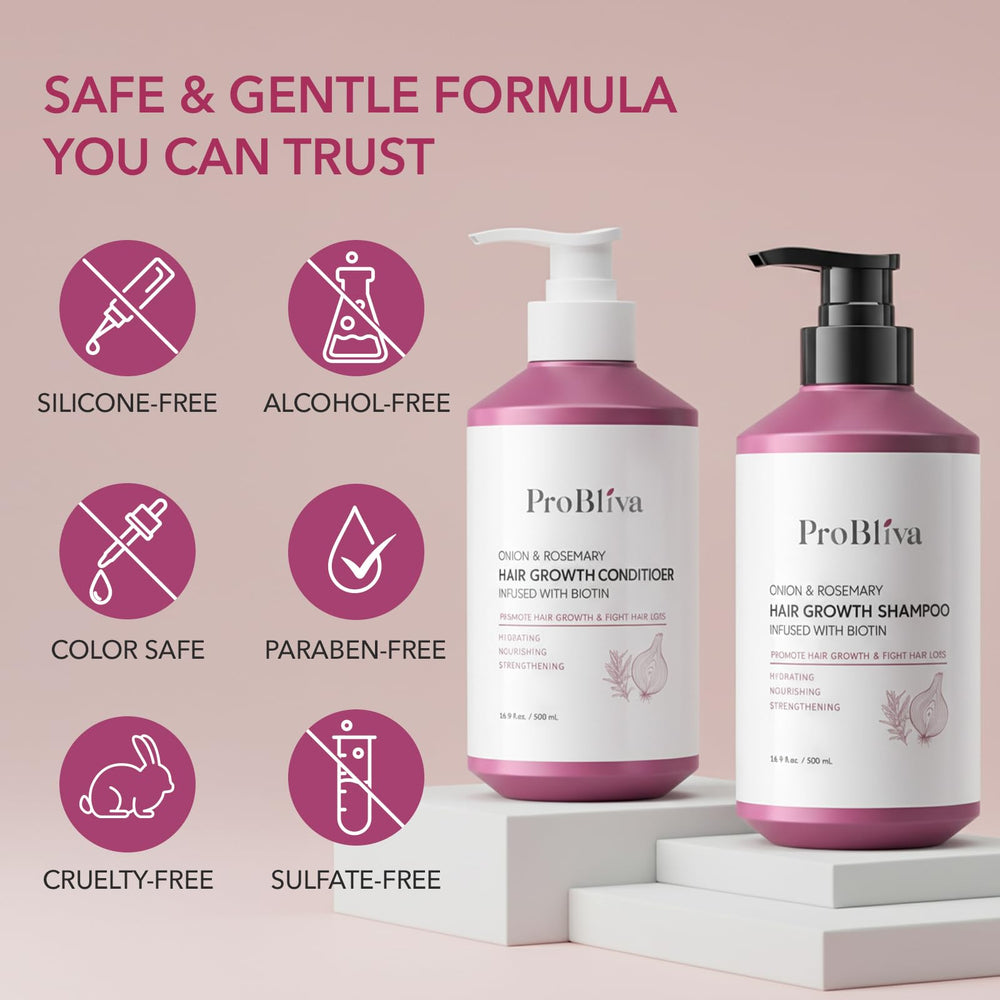 ProBliva scalp-care visual highlights calming onion and tea tree extracts.