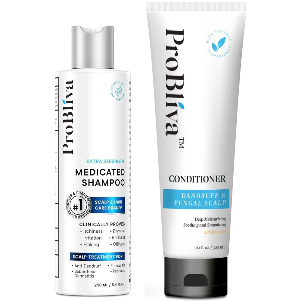 ProBliva shampoo bottle pour demonstrates easy application for dry, flaky scalp relief.
